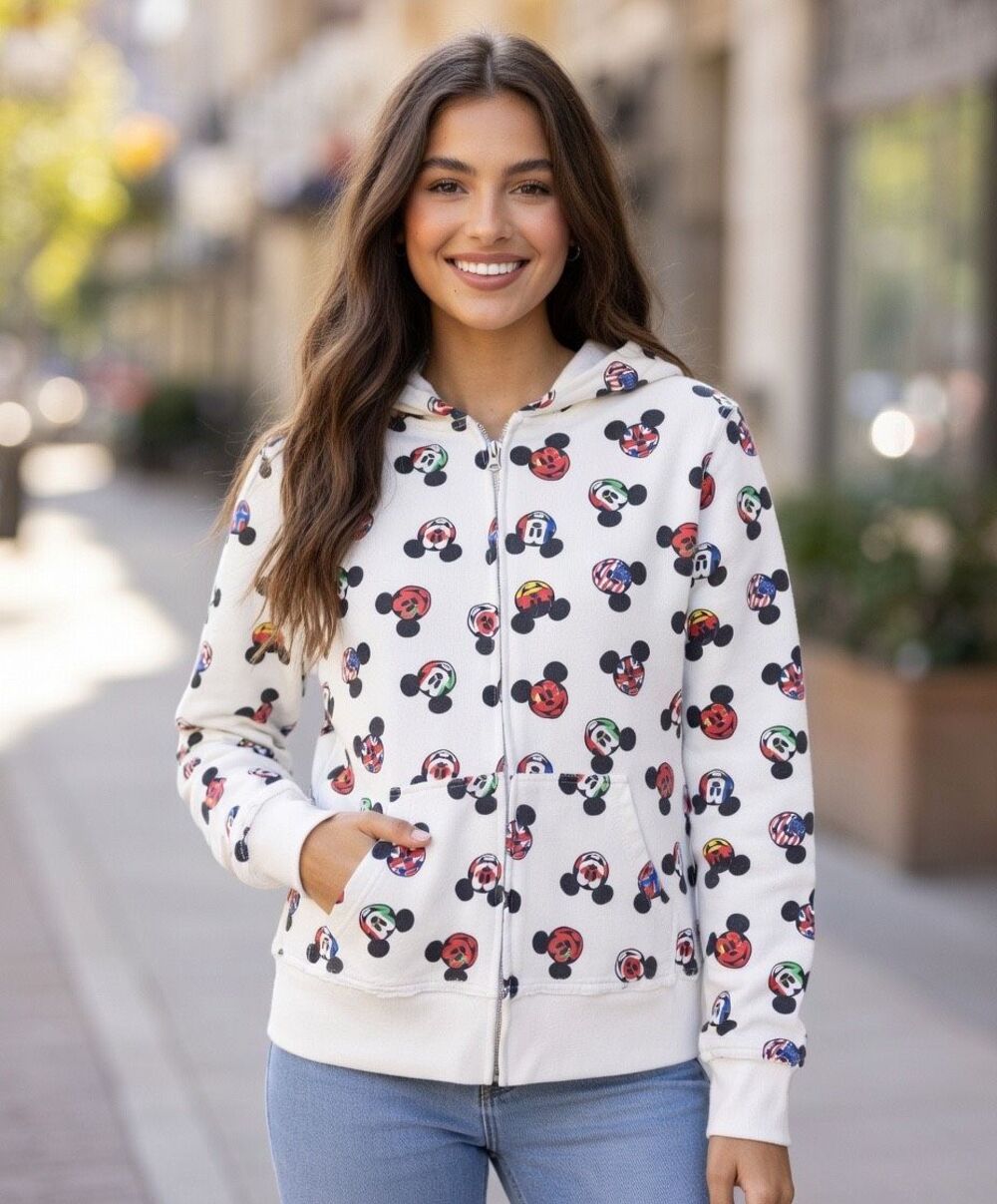 Epcot Disney Mickey Mouse White Large Full Zip Hoodie Countries